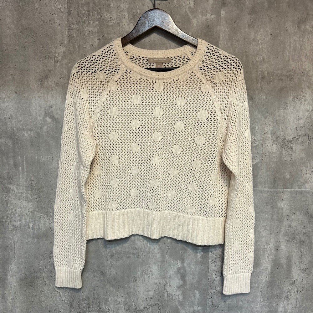 Banana Republic Cream Cotton Open Knit Polka Dot Pointelle Sweater Womens M Boho